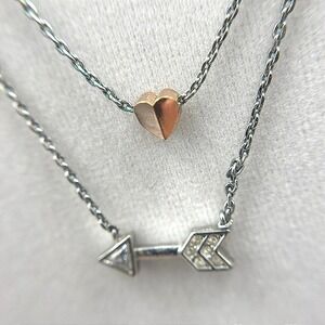 Vintage Fossil Layered Arrow Heart Necklace 16/18" Rose Gold Silver Tone Crystal